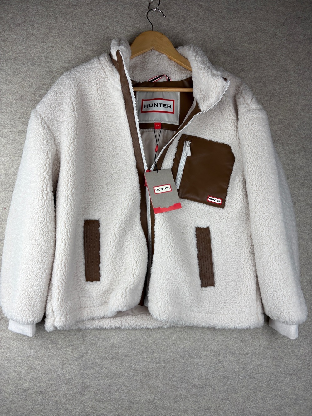 NWT Hunter Emma High Pile Fleece Jacket Cream Brown Cozy Sherpa Coat Medium - Picture 15 of 16